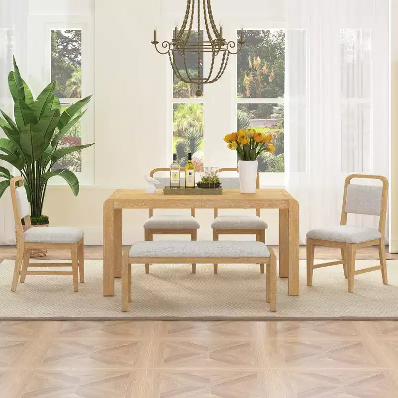 Set tavolo da pranzo vintage allungabile per 6 persone con 4 sedie imbottite e panca, set da cucina rustico spazzolato con design curvo