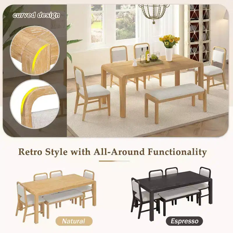Set tavolo da pranzo vintage allungabile per 6 persone con 4 sedie imbottite e panca, set da cucina rustico spazzolato con design curvo