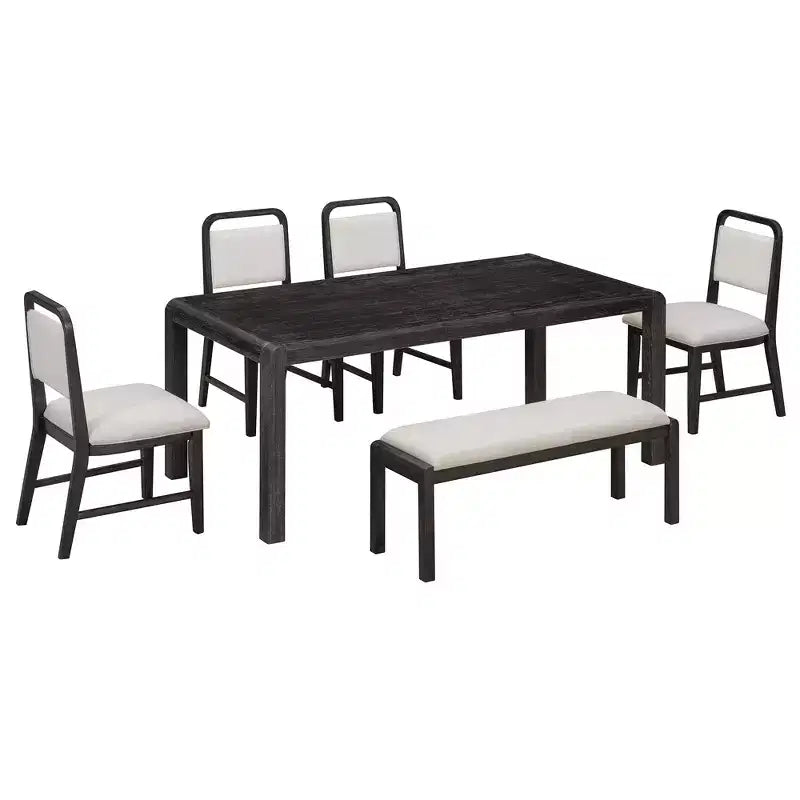 Set tavolo da pranzo vintage allungabile per 6 persone con 4 sedie imbottite e panca, set da cucina rustico spazzolato con design curvo