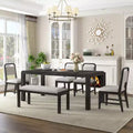 Vintage Extendable Dining Table Set for 6 with 4 Upholstered Chairs and Bench, Rustic Wire Brushed Kitchen Table Set with Curved Design