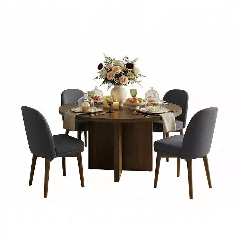 Set tavolo da pranzo rotondo Mid-Century per 4 persone, piano in impiallacciato noce con base a gambe incrociate in legno massello e sedie in lino con gambe in legno massello - Panipeachy