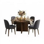 Set tavolo da pranzo rotondo Mid-Century per 4 persone, piano in impiallacciato noce con base a gambe incrociate in legno massello e sedie in lino con gambe in legno massello - Panipeachy