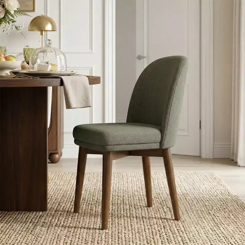 Set tavolo da pranzo rotondo Mid-Century per 4 persone, piano in impiallacciato noce con base a gambe incrociate in legno massello e sedie in lino con gambe in legno massello - Panipeachy