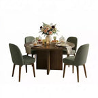 Set tavolo da pranzo rotondo Mid-Century per 4 persone, piano in impiallacciato noce con base a gambe incrociate in legno massello e sedie in lino con gambe in legno massello - Panipeachy