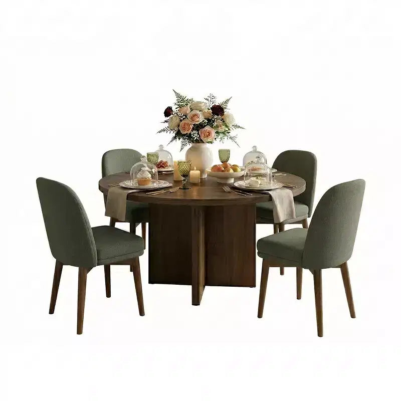 Set tavolo da pranzo rotondo Mid-Century per 4 persone, piano in impiallacciato noce con base a gambe incrociate in legno massello e sedie in lino con gambe in legno massello - Panipeachy
