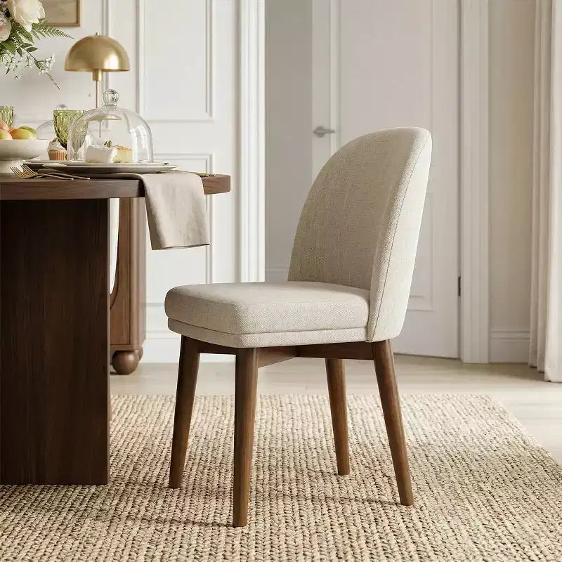 Set tavolo da pranzo rotondo Mid-Century per 4 persone, piano in impiallacciato noce con base a gambe incrociate in legno massello e sedie in lino con gambe in legno massello - Panipeachy