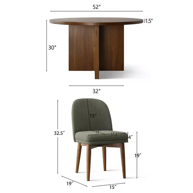 Set tavolo da pranzo rotondo Mid-Century per 4 persone, piano in impiallacciato noce con base a gambe incrociate in legno massello e sedie in lino con gambe in legno massello - Panipeachy