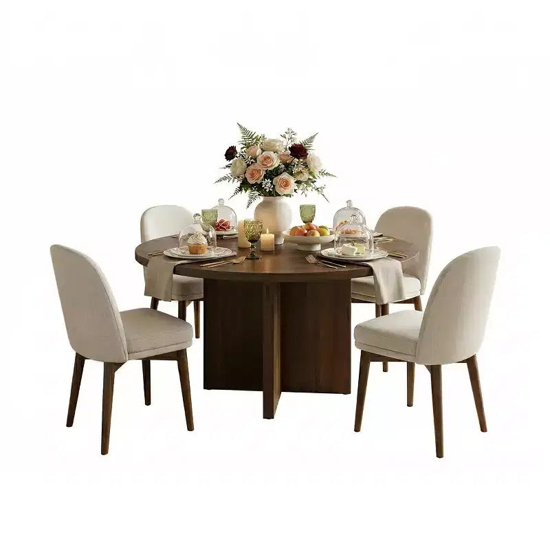 Set tavolo da pranzo rotondo Mid-Century per 4 persone, piano in impiallacciato noce con base a gambe incrociate in legno massello e sedie in lino con gambe in legno massello - Panipeachy