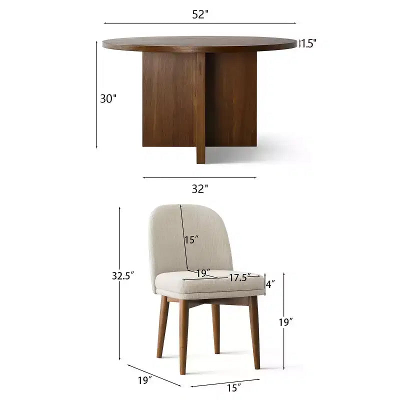 Set tavolo da pranzo rotondo Mid-Century per 4 persone, piano in impiallacciato noce con base a gambe incrociate in legno massello e sedie in lino con gambe in legno massello - Panipeachy