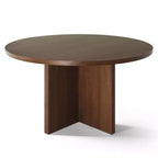 Set tavolo da pranzo rotondo Mid-Century per 4 persone, piano in impiallacciato noce con base a gambe incrociate in legno massello e sedie in lino con gambe in legno massello - Panipeachy