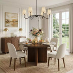 Mid-Century Round Dining Table Set for 4, Walnut Veneer Top with Solid Wood Cross-Leg Base and Linen Chairs with Solid Wood Legs-Panipeachy