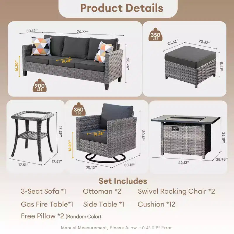Set da esterno HOMLUX 7 pezzi con tavolo braciere, divano, sedie girevoli e pouf