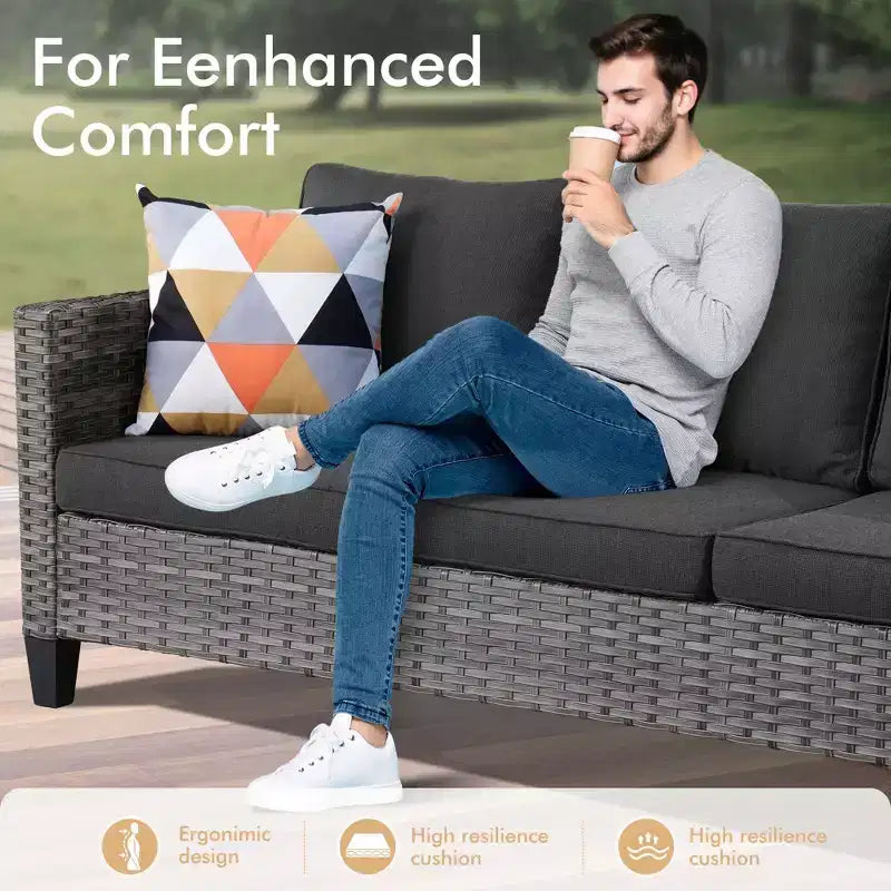 Set da esterno HOMLUX 7 pezzi con tavolo braciere, divano, sedie girevoli e pouf