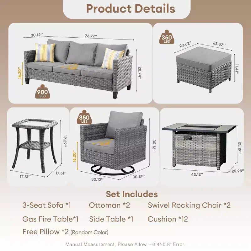 Set da esterno HOMLUX 7 pezzi con tavolo braciere, divano, sedie girevoli e pouf