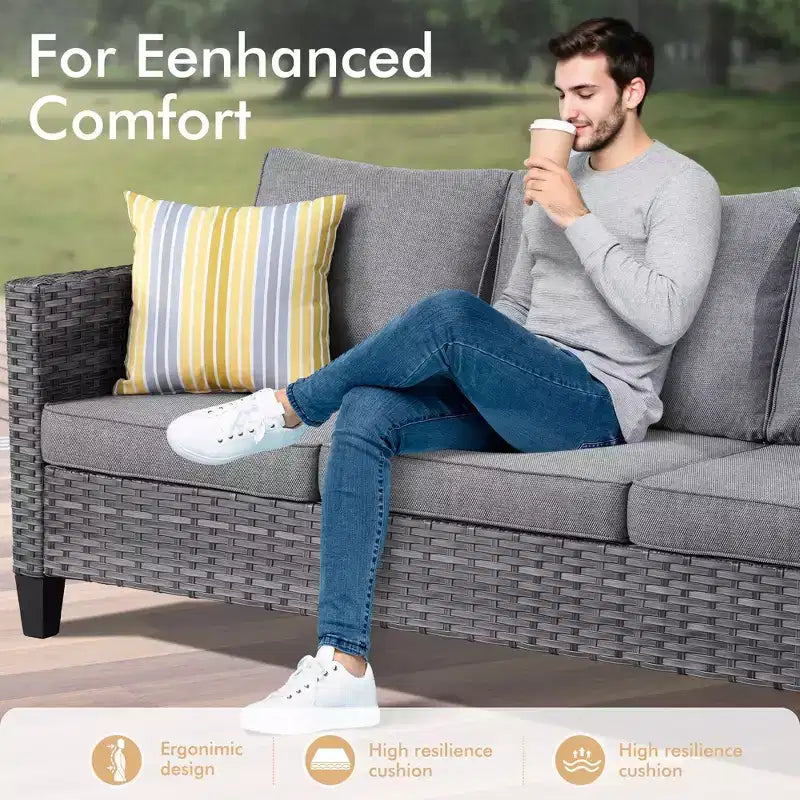 Set da esterno HOMLUX 7 pezzi con tavolo braciere, divano, sedie girevoli e pouf