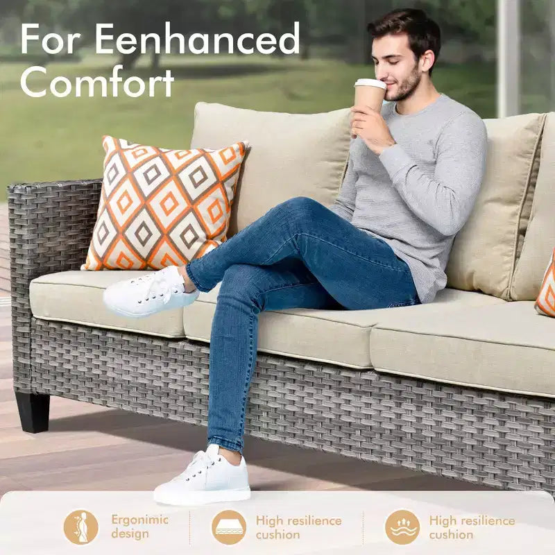 Set da esterno HOMLUX 7 pezzi con tavolo braciere, divano, sedie girevoli e pouf