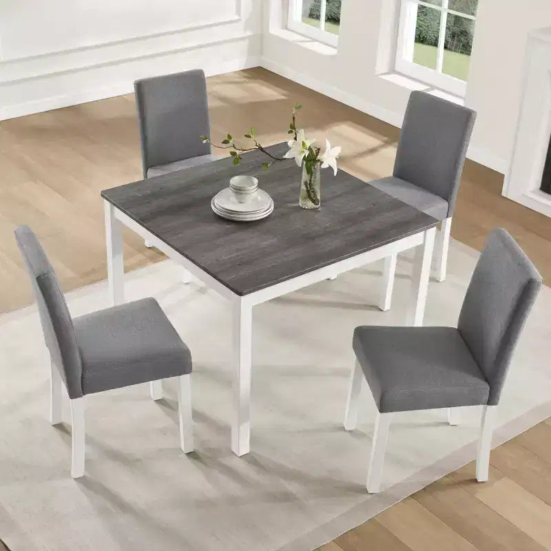 Set da pranzo moderno GDFStudio Roseanne da 5 pezzi in legno di gomma con 4 sedie imbottite in lino