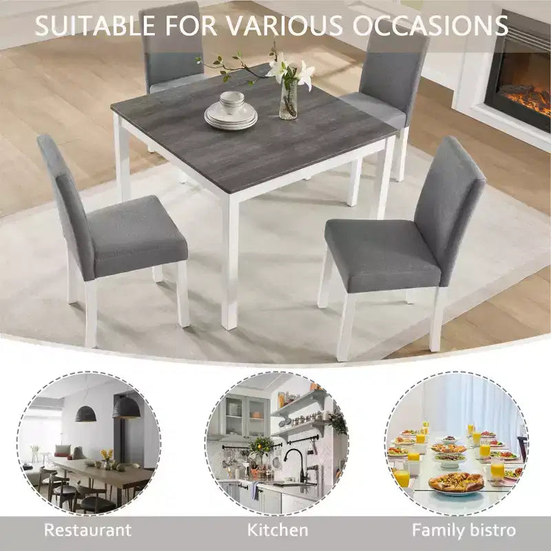 Set da pranzo moderno GDFStudio Roseanne da 5 pezzi in legno di gomma con 4 sedie imbottite in lino