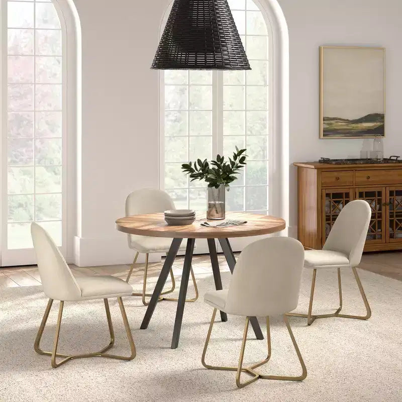 Jolana 45 Round Oak Top Black Finish Dining Table and Linen Upholstered Dining Chairs Set - iNSPIRE Q