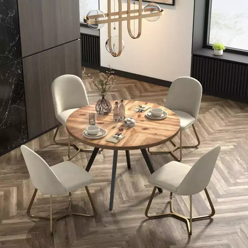 Tavolo da pranzo rotondo Jolana 45 con piano in rovere e finitura nera e set di sedie da pranzo rivestite in lino - iNSPIRE Q