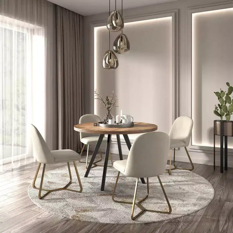 Tavolo da pranzo rotondo Jolana 45 con piano in rovere e finitura nera e set di sedie da pranzo rivestite in lino - iNSPIRE Q