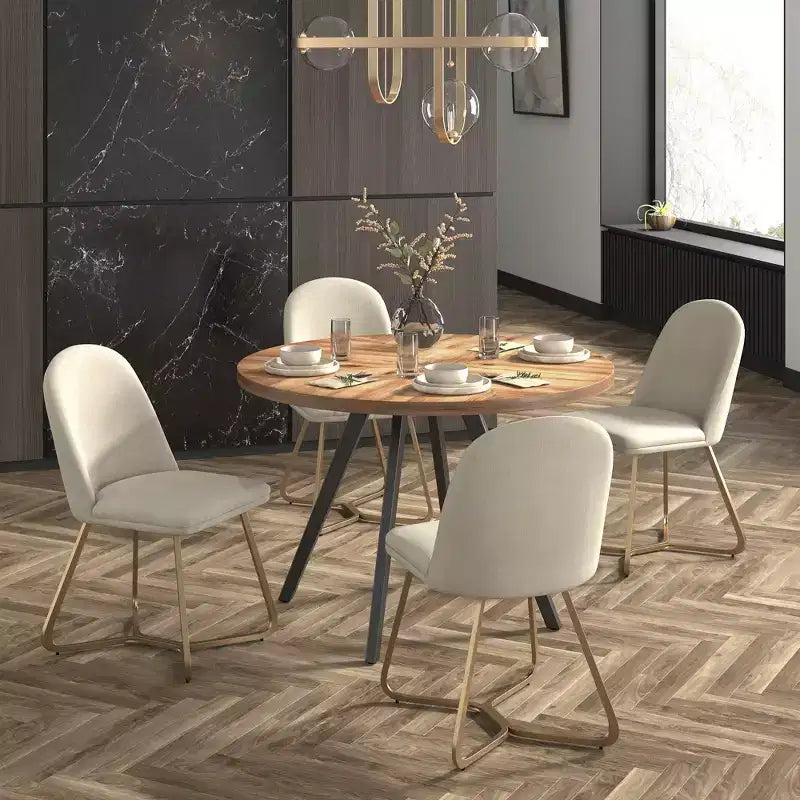 Tavolo da pranzo rotondo Jolana 45 con piano in rovere e finitura nera e set di sedie da pranzo rivestite in lino - iNSPIRE Q