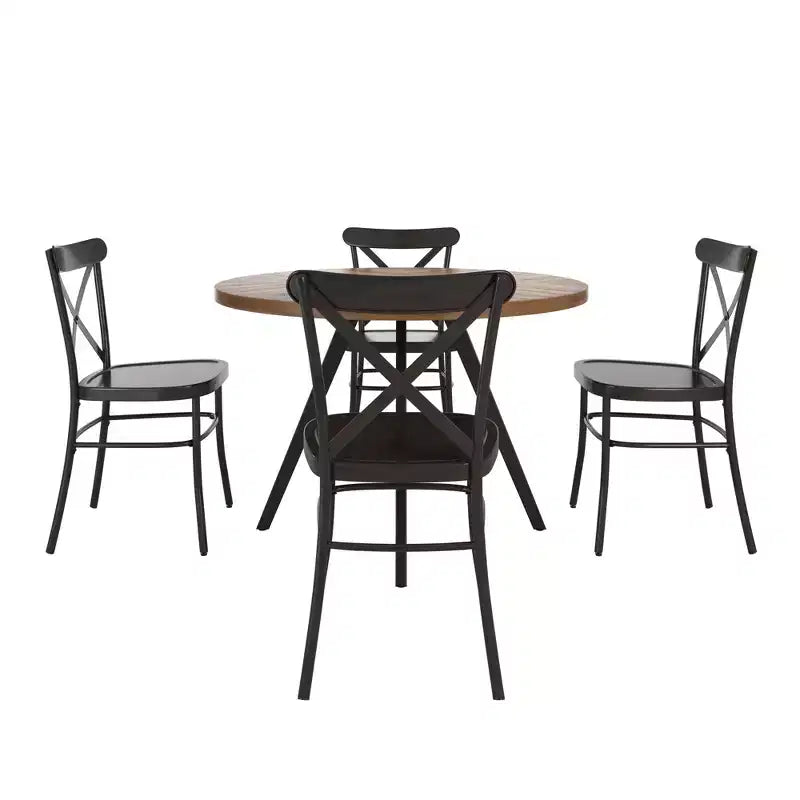 Set tavolo da pranzo rotondo Jolana da 45" con piano in quercia e finitura nera e sedie in metallo con schienale a X - iNSPIRE Q
