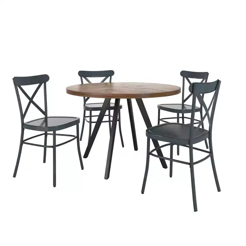 Set tavolo da pranzo rotondo Jolana da 45" con piano in quercia e finitura nera e sedie in metallo con schienale a X - iNSPIRE Q