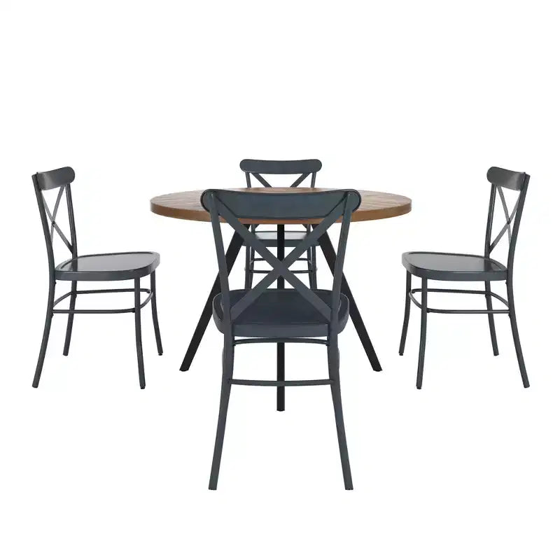 Set tavolo da pranzo rotondo Jolana da 45" con piano in quercia e finitura nera e sedie in metallo con schienale a X - iNSPIRE Q