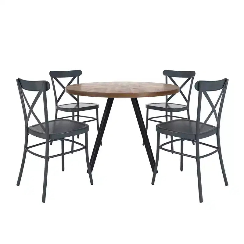 Set tavolo da pranzo rotondo Jolana da 45" con piano in quercia e finitura nera e sedie in metallo con schienale a X - iNSPIRE Q