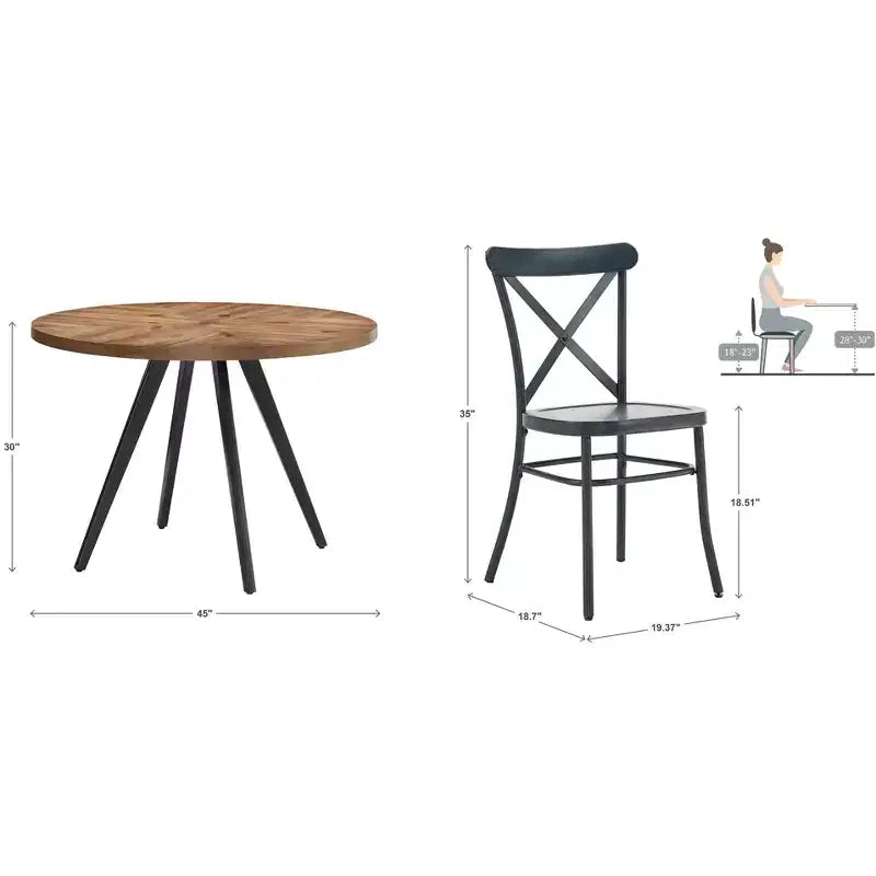 Set tavolo da pranzo rotondo Jolana da 45" con piano in quercia e finitura nera e sedie in metallo con schienale a X - iNSPIRE Q