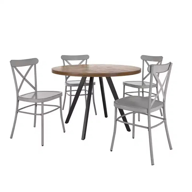 Set tavolo da pranzo rotondo Jolana da 45" con piano in quercia e finitura nera e sedie in metallo con schienale a X - iNSPIRE Q