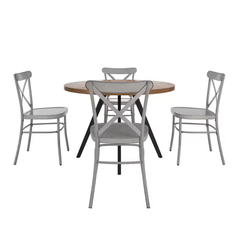 Set tavolo da pranzo rotondo Jolana da 45" con piano in quercia e finitura nera e sedie in metallo con schienale a X - iNSPIRE Q