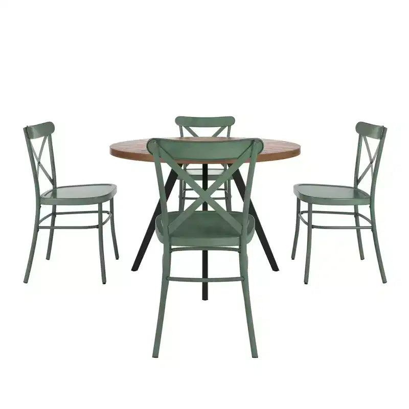 Set tavolo da pranzo rotondo Jolana da 45" con piano in quercia e finitura nera e sedie in metallo con schienale a X - iNSPIRE Q