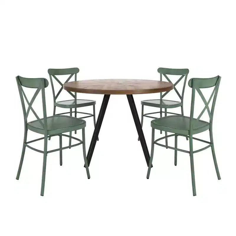 Set tavolo da pranzo rotondo Jolana da 45" con piano in quercia e finitura nera e sedie in metallo con schienale a X - iNSPIRE Q