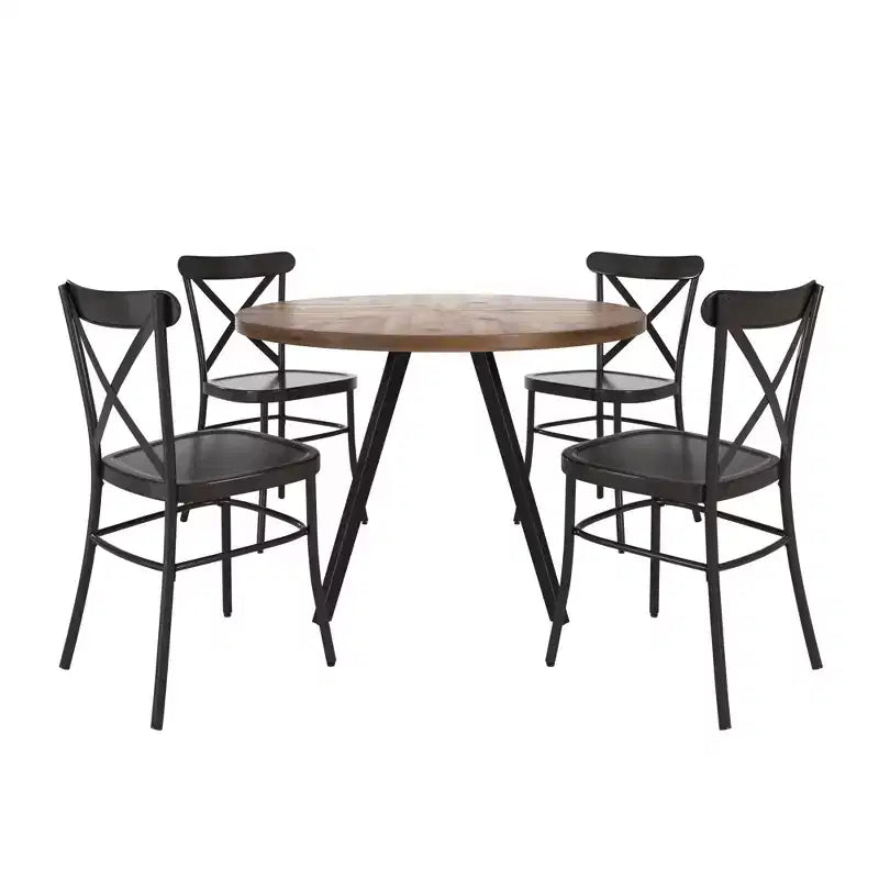 Set tavolo da pranzo rotondo Jolana da 45" con piano in quercia e finitura nera e sedie in metallo con schienale a X - iNSPIRE Q