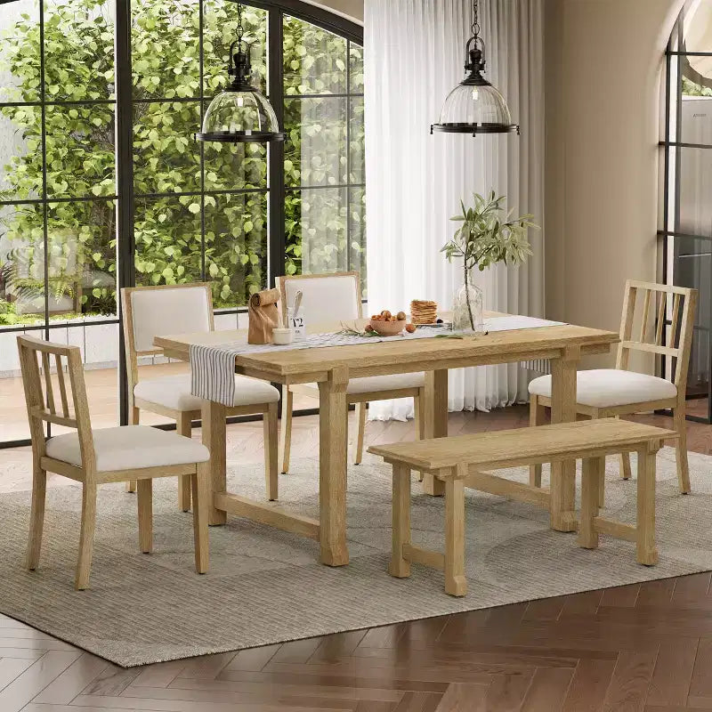 Set tavolo da pranzo ModernLuxe da 6 pezzi, set per sala da pranzo per 6 persone, set tavolo da cucina per famiglia con sedie da pranzo imbottite ergonomiche e panca