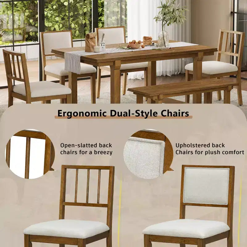 Set tavolo da pranzo ModernLuxe da 6 pezzi, set per sala da pranzo per 6 persone, set tavolo da cucina per famiglia con sedie da pranzo imbottite ergonomiche e panca
