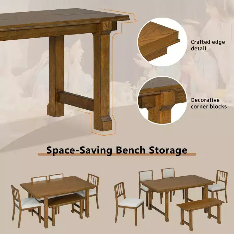Set tavolo da pranzo ModernLuxe da 6 pezzi, set per sala da pranzo per 6 persone, set tavolo da cucina per famiglia con sedie da pranzo imbottite ergonomiche e panca