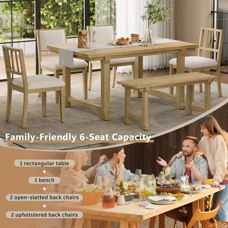 Set tavolo da pranzo ModernLuxe da 6 pezzi, set per sala da pranzo per 6 persone, set tavolo da cucina per famiglia con sedie da pranzo imbottite ergonomiche e panca
