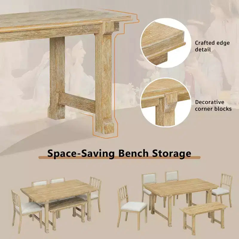 Set tavolo da pranzo ModernLuxe da 6 pezzi, set per sala da pranzo per 6 persone, set tavolo da cucina per famiglia con sedie da pranzo imbottite ergonomiche e panca