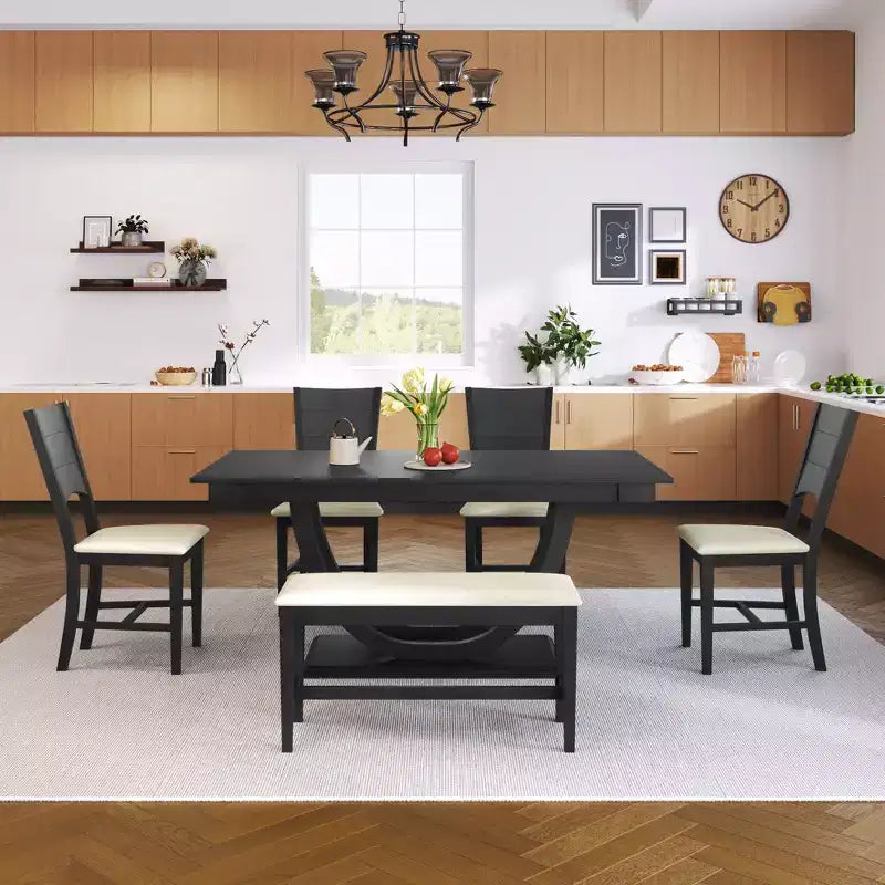 Set da pranzo da 6 pezzi, tavolo da pranzo per 6 persone, set da cucina per famiglie con sedie da pranzo imbottite ergonomiche e panca - ModernLuxe
