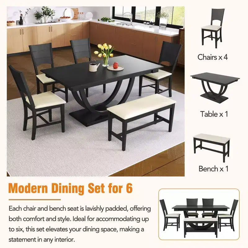 Set da pranzo da 6 pezzi, tavolo da pranzo per 6 persone, set da cucina per famiglie con sedie da pranzo imbottite ergonomiche e panca - ModernLuxe