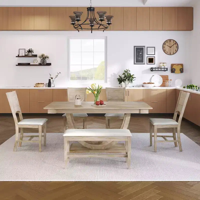 Set da pranzo da 6 pezzi, tavolo da pranzo per 6 persone, set da cucina per famiglie con sedie da pranzo imbottite ergonomiche e panca - ModernLuxe