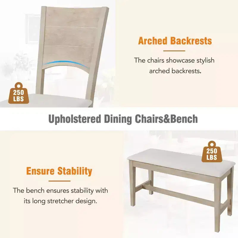 Set da pranzo da 6 pezzi, tavolo da pranzo per 6 persone, set da cucina per famiglie con sedie da pranzo imbottite ergonomiche e panca - ModernLuxe