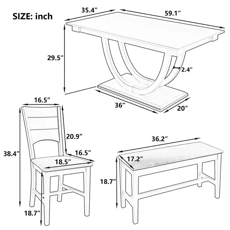 Set da pranzo da 6 pezzi, tavolo da pranzo per 6 persone, set da cucina per famiglie con sedie da pranzo imbottite ergonomiche e panca - ModernLuxe