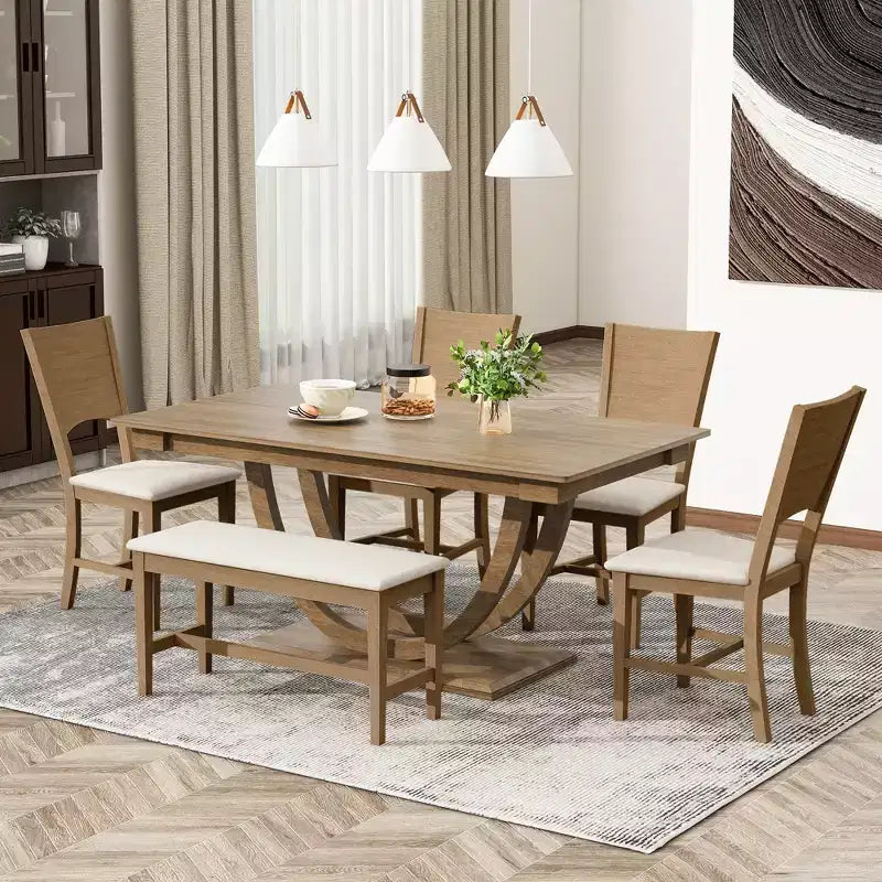 6pcs Dining Table Set Dining Set for 6, Family Kitchen Table Set with Ergonomic Padded Dining Chairs & Bench - ModernLuxe