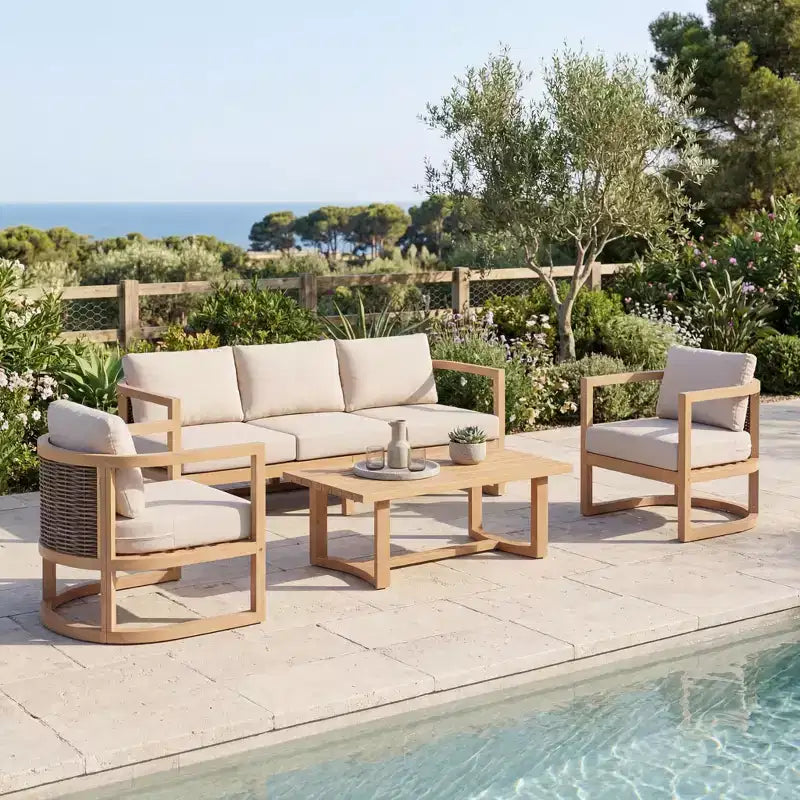 Set da giardino Christopher Knight Home Susan 4 pezzi in legno di acacia stile rustico con sedute in rattan e tavolo a doghe