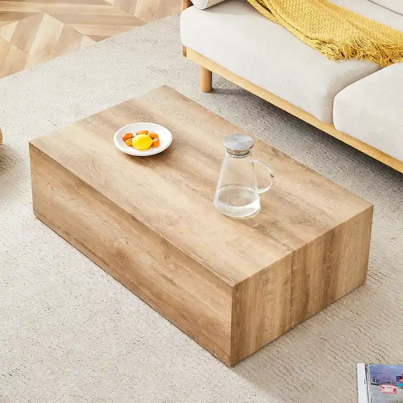 Modern Rectangular Coffee Table with Solid Base, Wooden Center Table with Imitation Marble Texture for Living Room