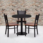 Set Tavolo Rotondo Laminato Nero da 76 cm Flash Furniture con 3 Sedie in Metallo Grid Back - Seduta in Legno di Ciliegio